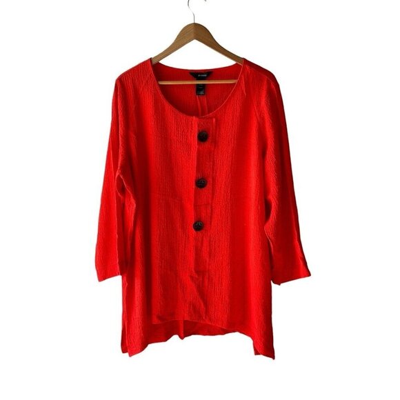 Ali Miles Size 1X Bright Orange Decorative Button Popcorn Textured Crinkle Top - Picture 1 of 8